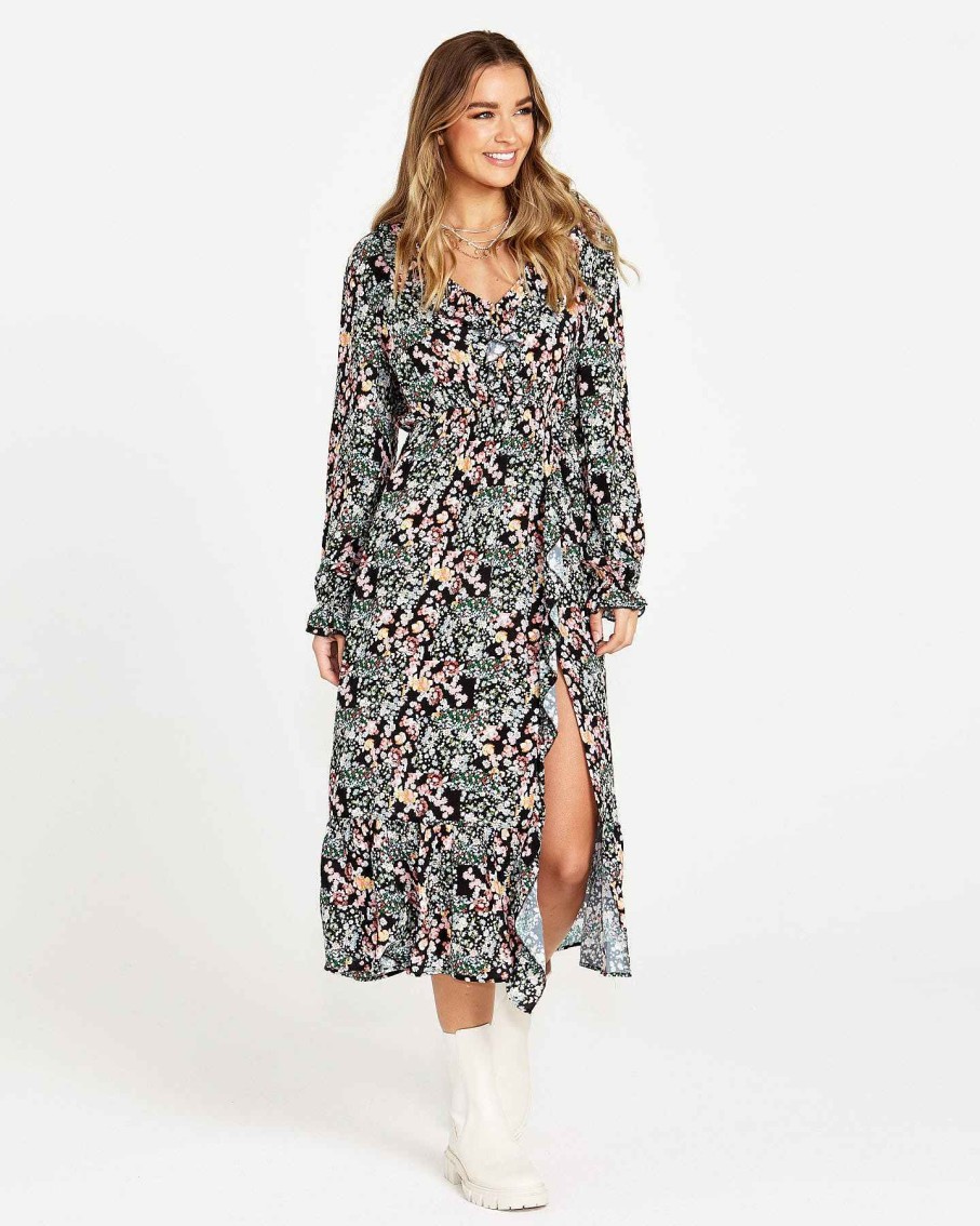 Clothing Sass Clothing | June Long Sleeve Midi Dress Patchwork Floral