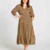 Clothing Sass Clothing | Portia Elastic Waist Tiered Midi Flowy Dress Khaki