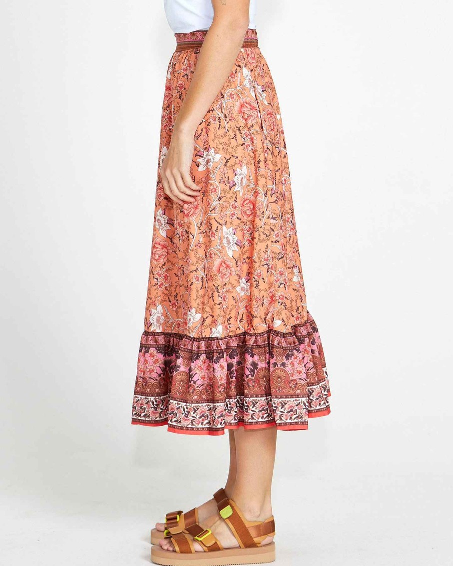 Clothing Sass Clothing | Dawn Tiered Elastic Waist Boho Midi Skirt Print In Orange/Pink Batik Paisley