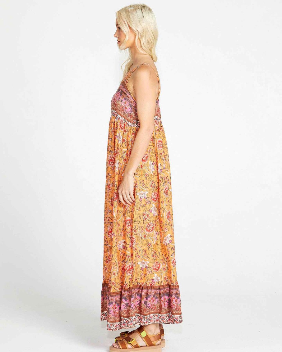 Clothing Sass Clothing | Dawn Bodice Boho Gypsy Floral Print Maxi Dress In Orange/Pink Batik Paisley