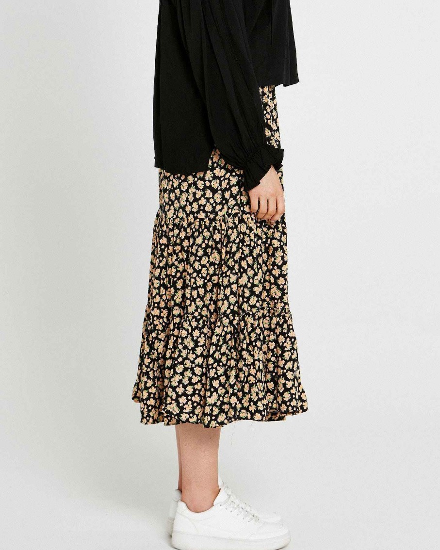 Clothing Sass Clothing | Tegan Tiered Boho Midi Skirt Black Floral Ditsy