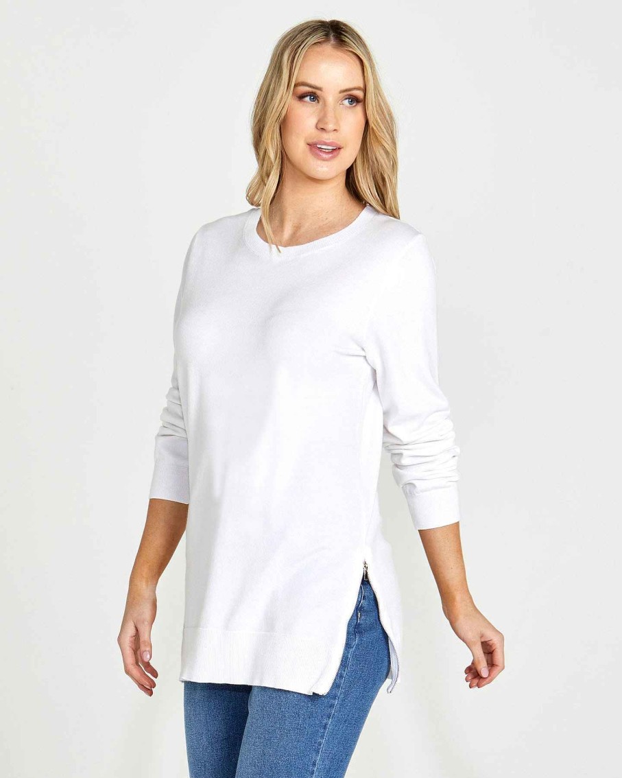 Clothing Sass Clothing | Peggy Side Zip Knit Top White