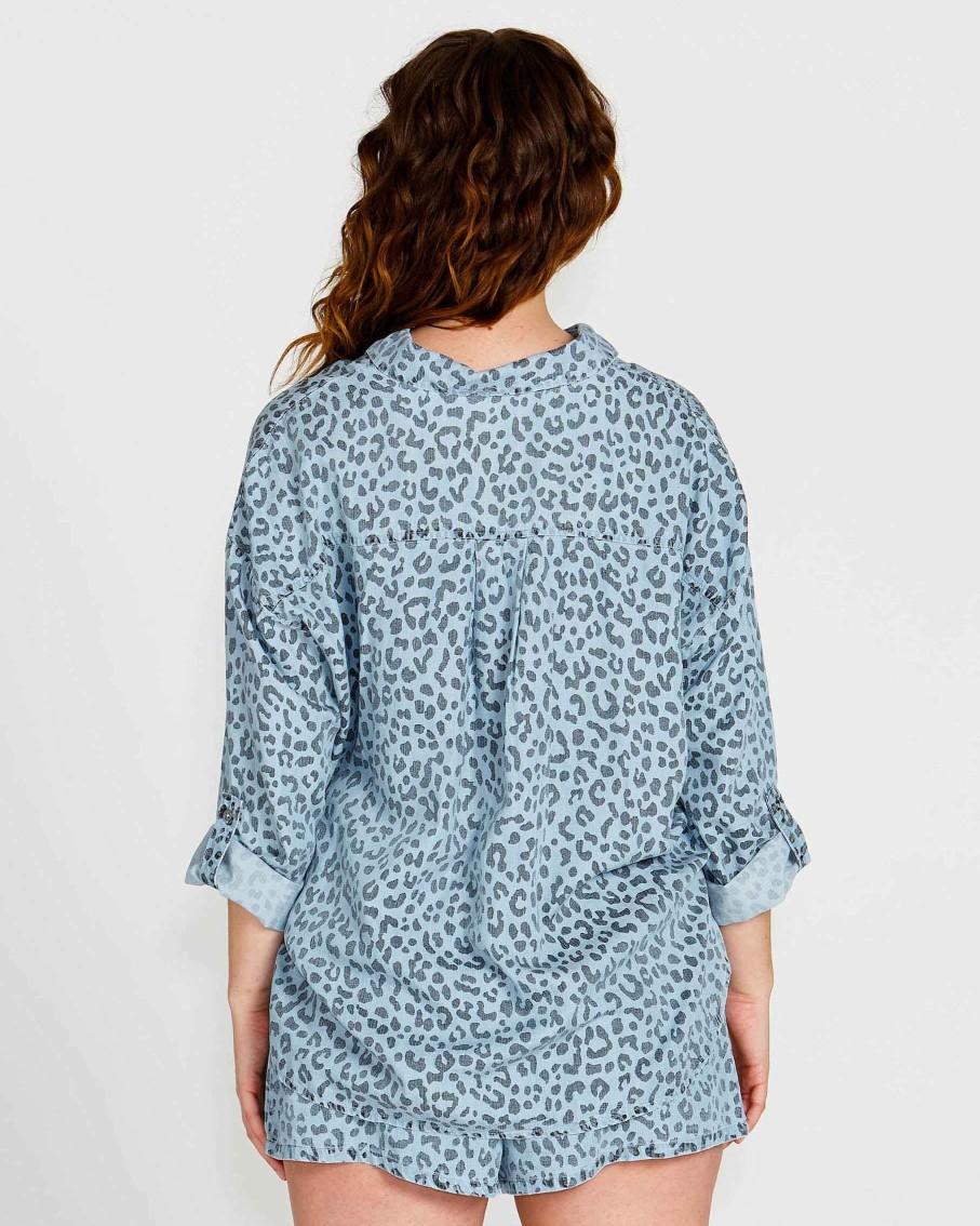 Clothing Sass Clothing | Zahlia Oversized Button-Up Lyocell Shirt - Denim Blue Cheetah Denim Cheetah