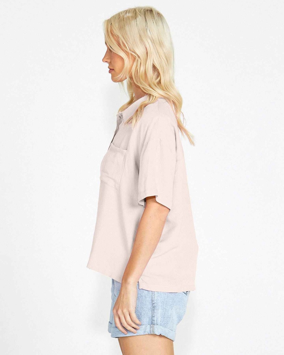 Clothing Sass Clothing | Selena Short Sleeve Button Up Linen-Blend Shirt Pink Blush