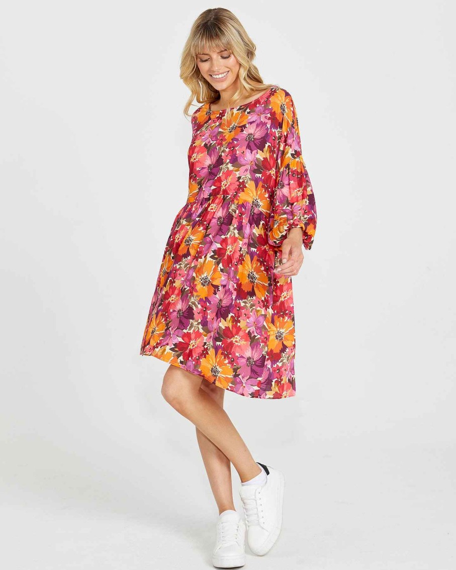 Clothing Sass Clothing | Yasmin Bubble Sleeve Mini Dress Berry Floral