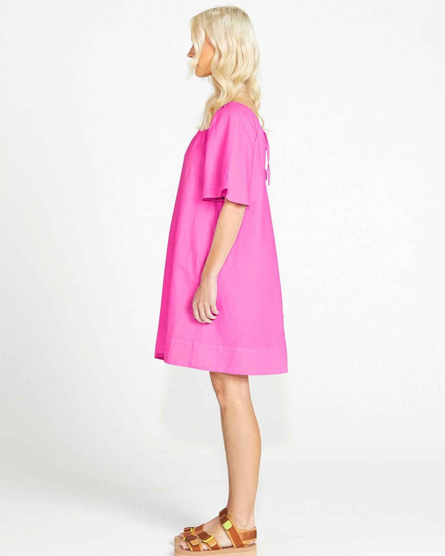 Clothing Sass Clothing | Aria Tie Back Flutter Sleeve Cotton/Linen Mini Dress Pink