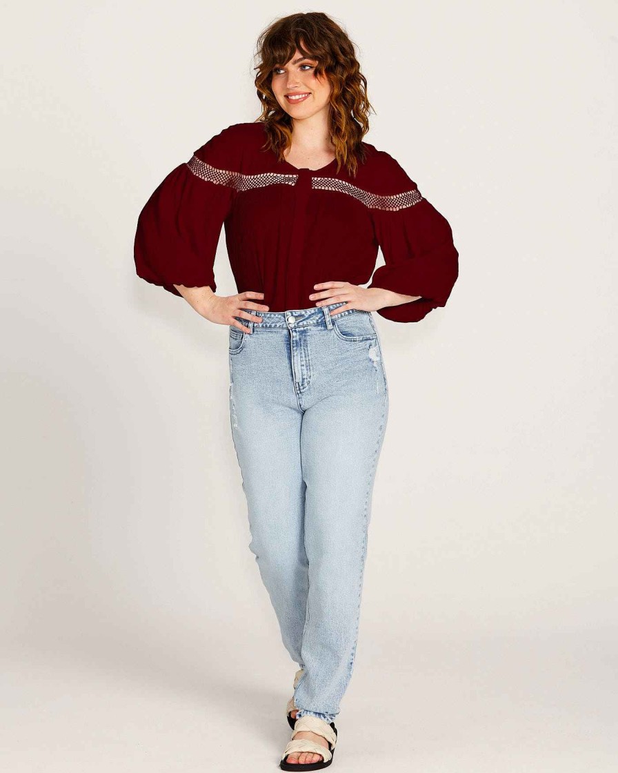 Clothing Sass Clothing | Rava Boho 3/4 Sleeve Top Wine