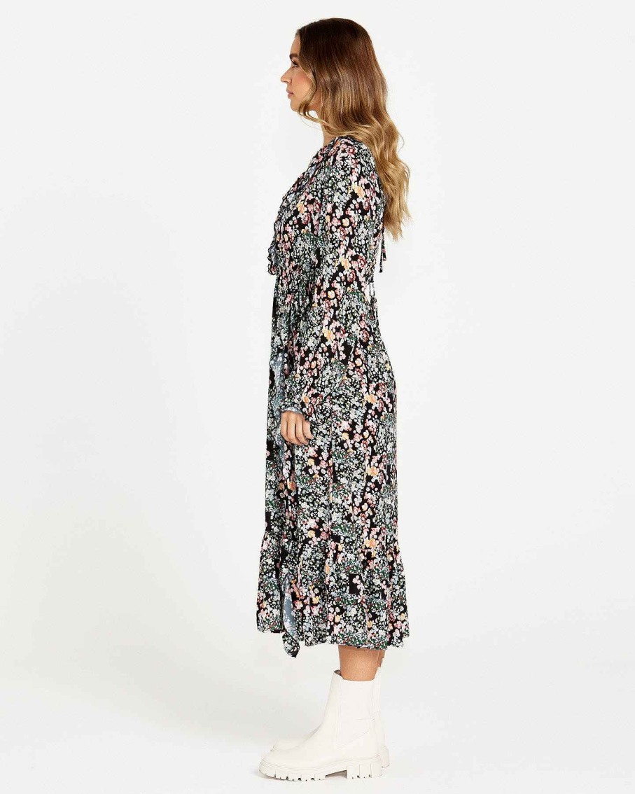 Clothing Sass Clothing | June Long Sleeve Midi Dress Patchwork Floral