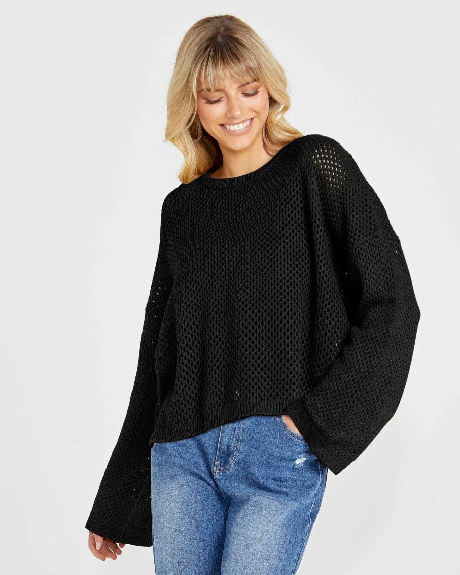 Clothing Sass Clothing | Lily Bell Sleeve Knit Top Black