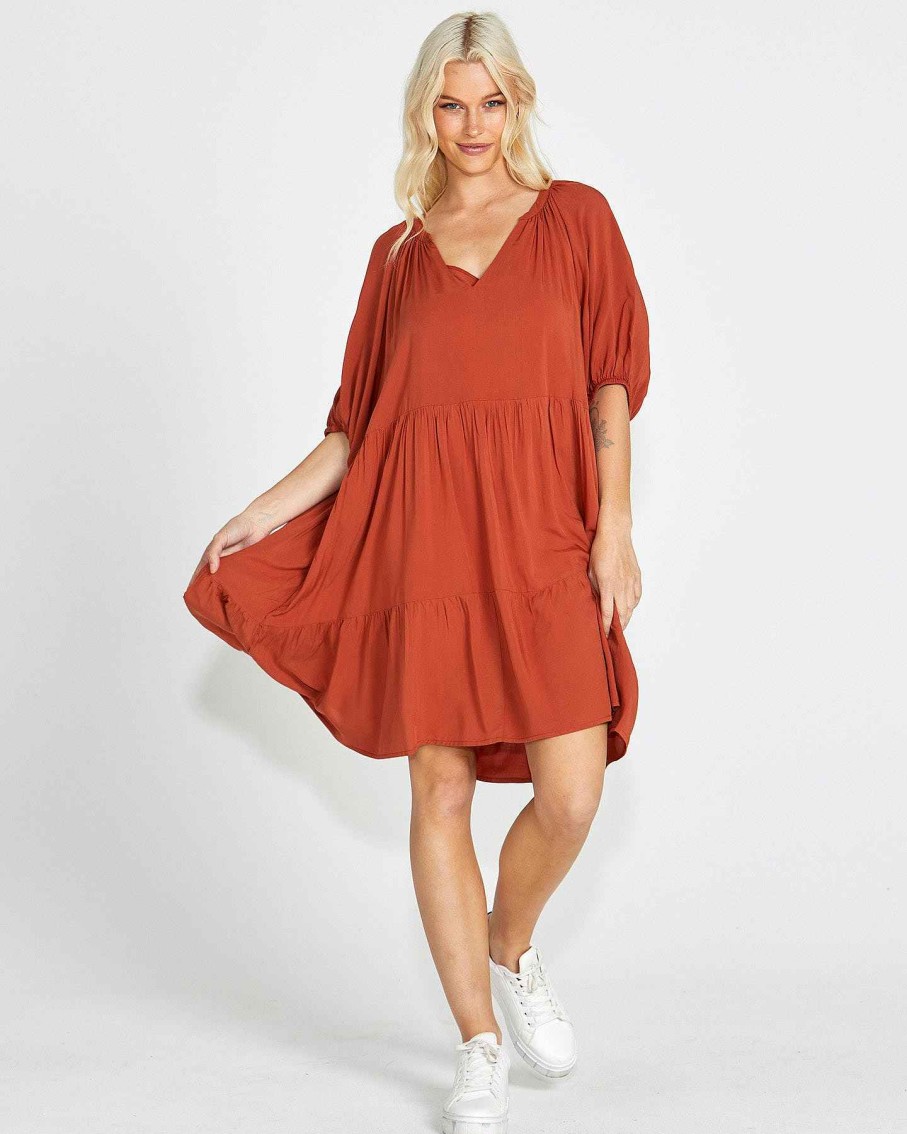 Clothing Sass Clothing | Brigitte Tiered Dress Chestnut