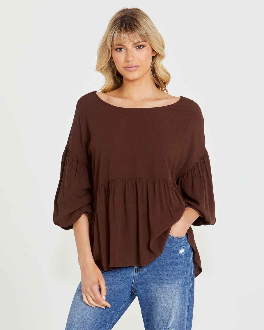 Clothing Sass Clothing | Yasmin Bubble Sleeve Top Chocolate