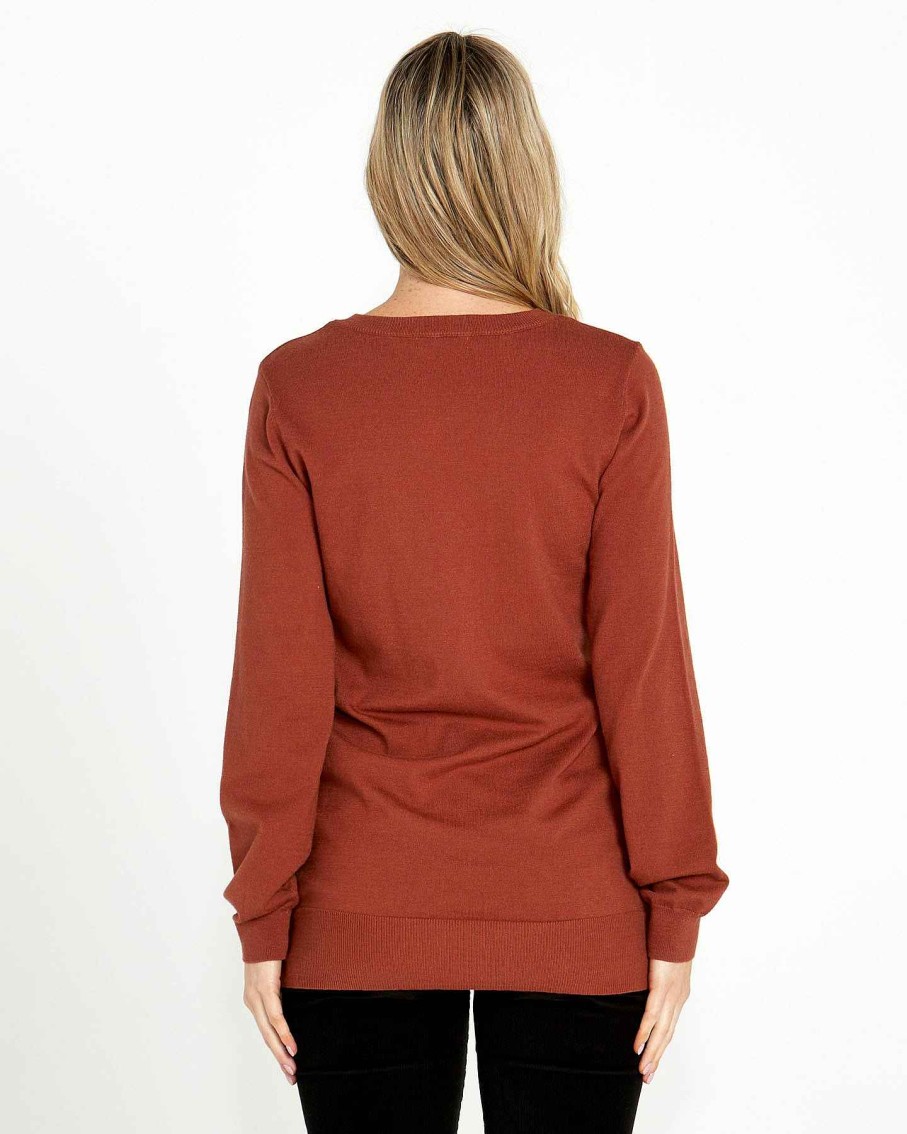 Clothing Sass Clothing | Peggy Side Zip Knit Top Chestnut