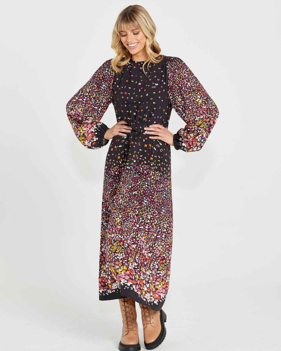 Clothing Sass Clothing | Suki Long Sleeve Maxi Dress Ditsy Border