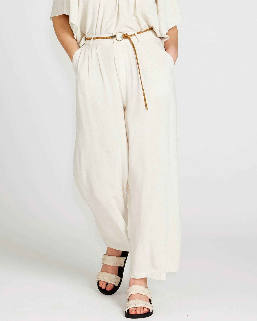 Clothing Sass Clothing | Portia Elasticated Wide Leg Linen-Blend Pants Beige Oatmeal