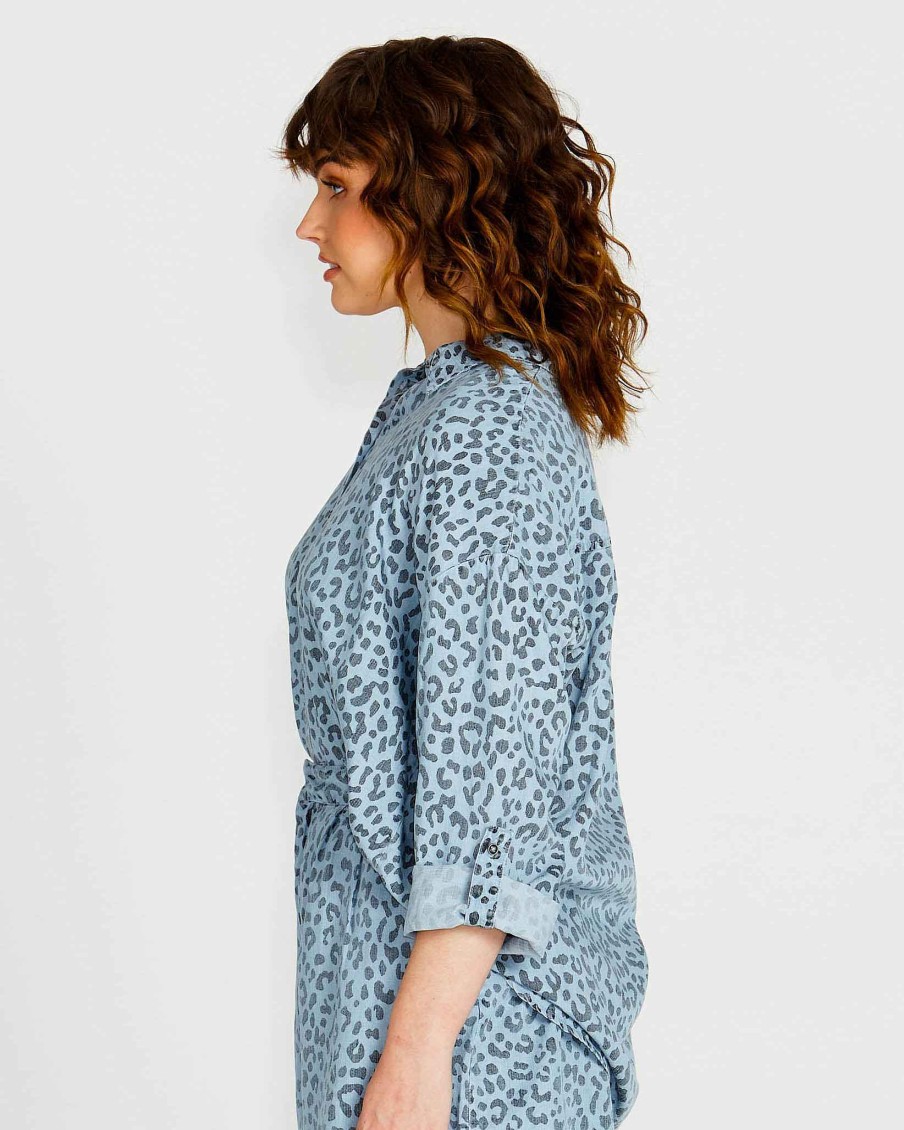 Clothing Sass Clothing | Zahlia Oversized Button-Up Lyocell Shirt - Denim Blue Cheetah Denim Cheetah