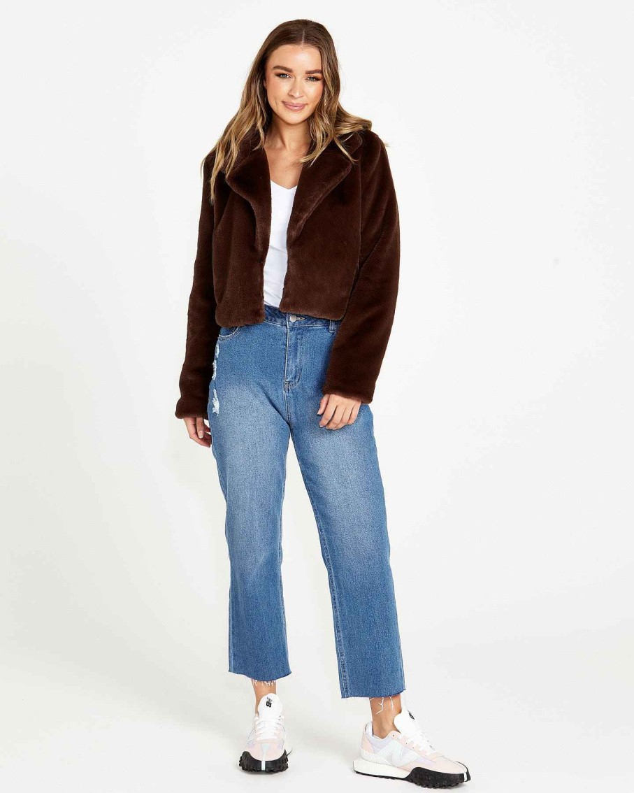 Clothing Sass Clothing | Xanthe Cropped Fur Jacket Chocolate