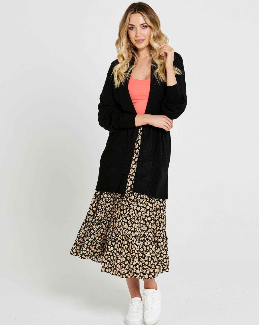 Clothing Sass Clothing | Tabatha Knit Belted Midi Cardi Black