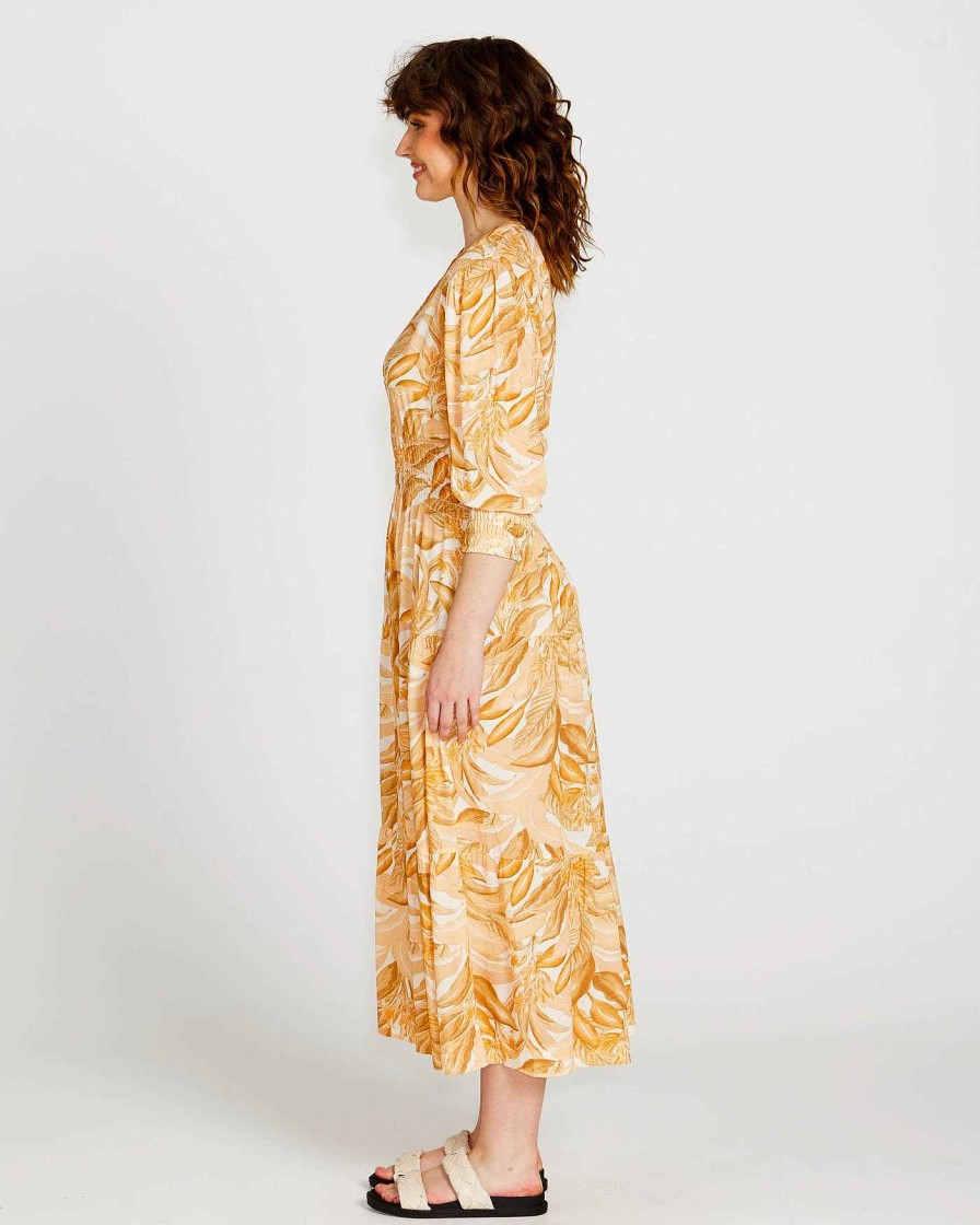 Clothing Sass Clothing | Portia Elastic Waist Tiered Midi Flowy Dress Yellow Palm Springs