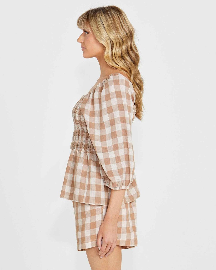 Clothing Sass Clothing | Stevie Shirred Top Mocha Check