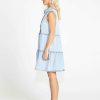 Clothing Sass Clothing | Kellie Sleeveless Button Up Tiered Denim Mini Dress Pale Blue Stone 95 Wash