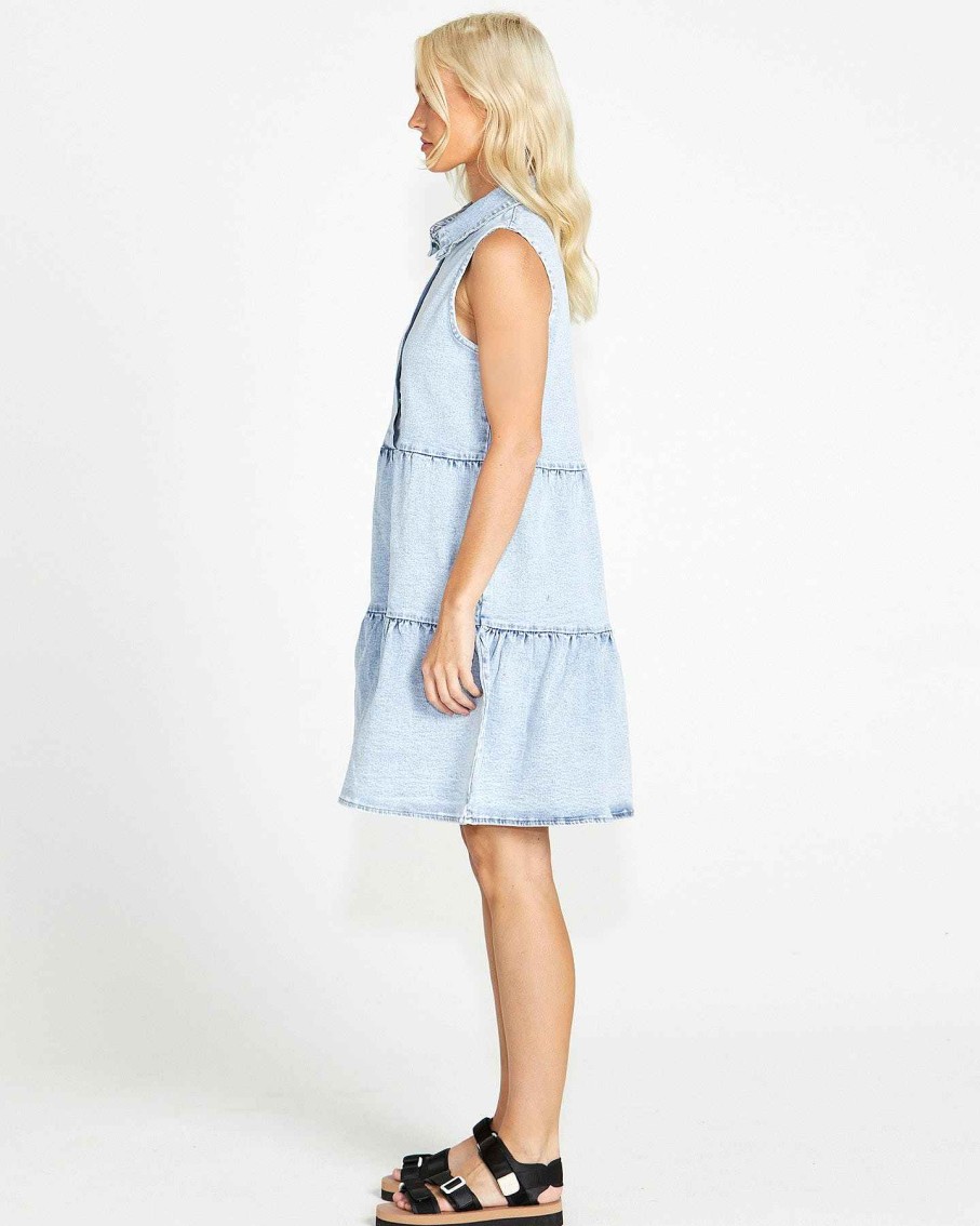 Clothing Sass Clothing | Kellie Sleeveless Button Up Tiered Denim Mini Dress Pale Blue Stone 95 Wash