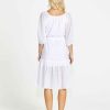 Clothing Sass Clothing | Ruby Balloon Sleeve Tie Neck Tiered Cotton Midi Dress White