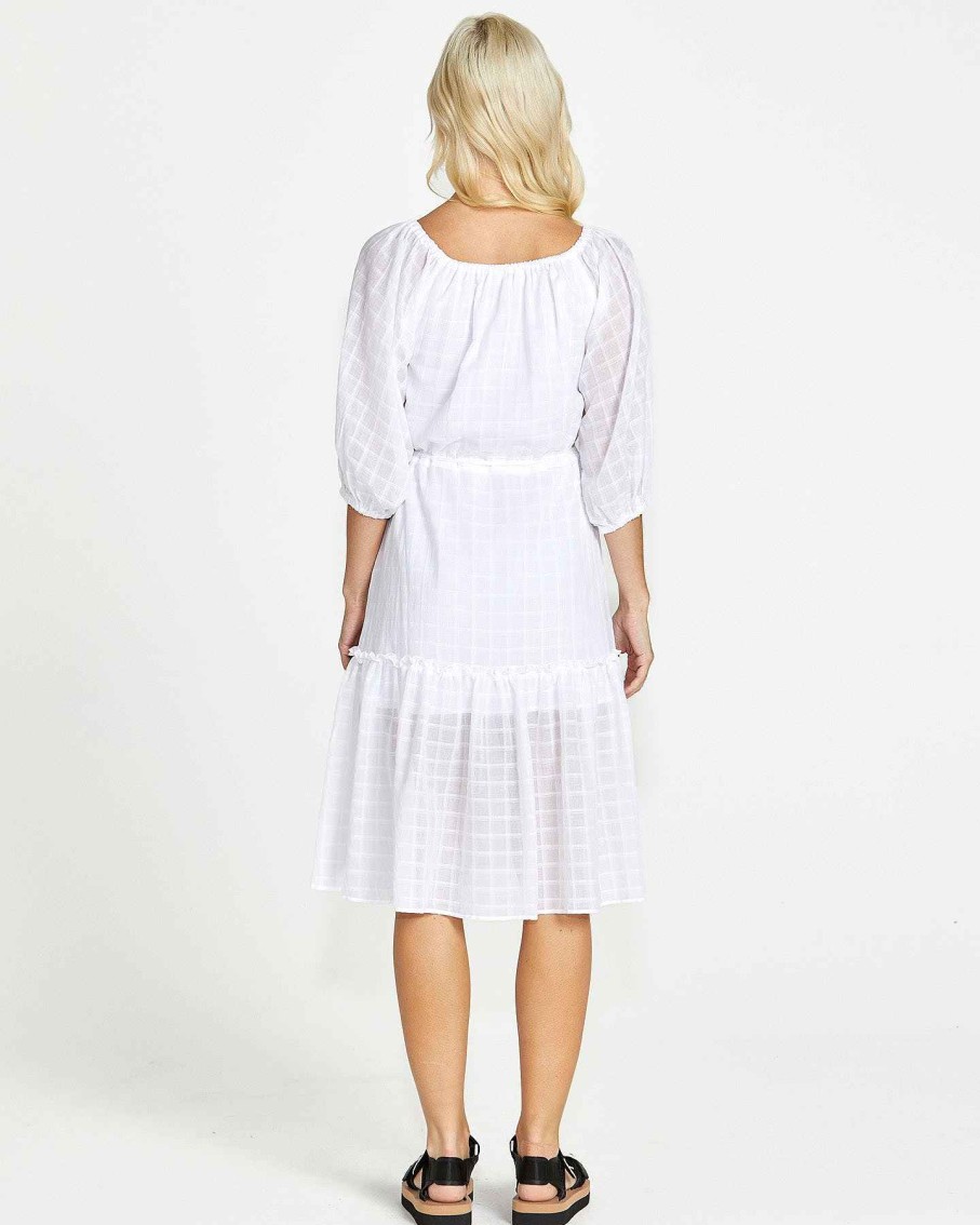 Clothing Sass Clothing | Ruby Balloon Sleeve Tie Neck Tiered Cotton Midi Dress White