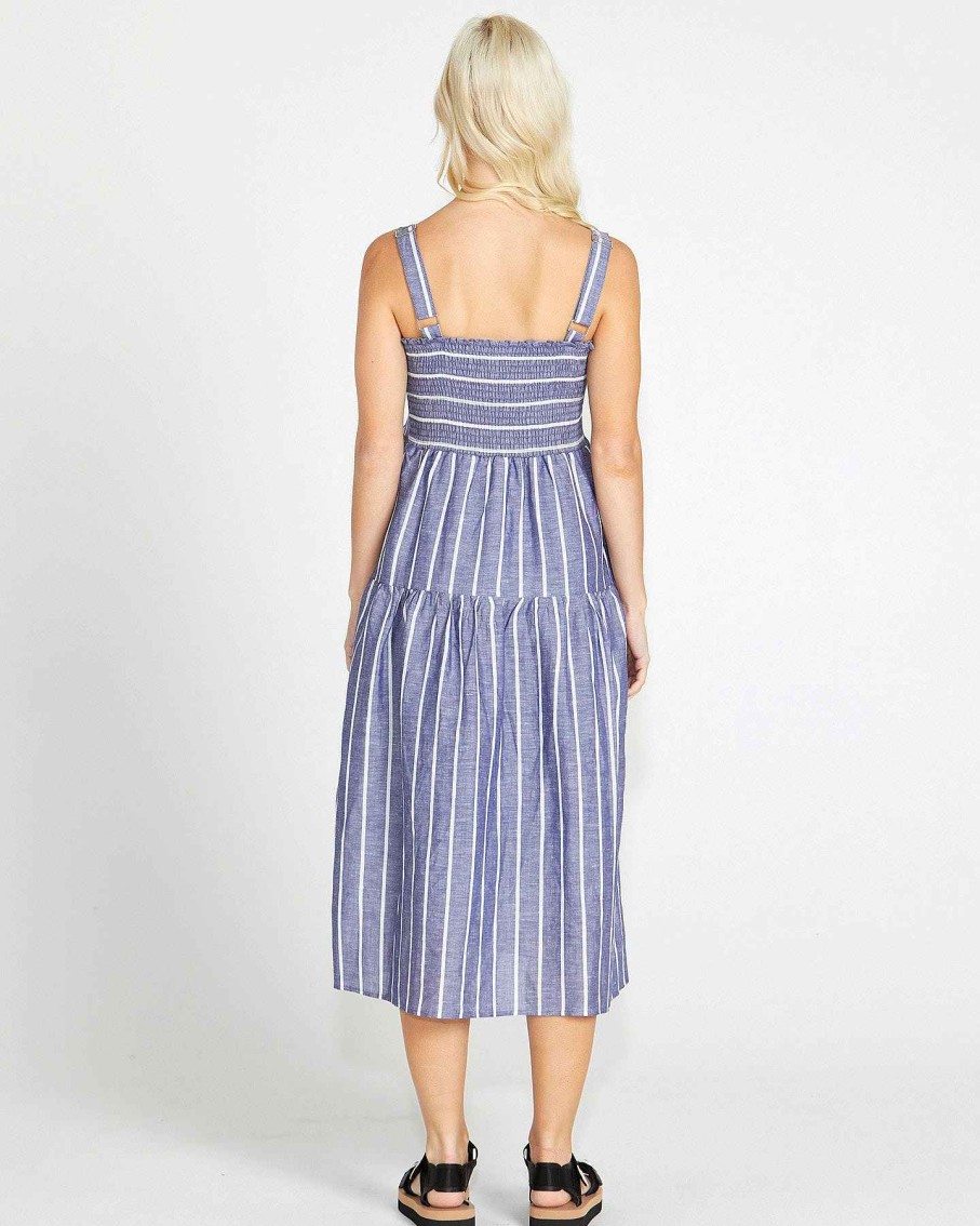 Clothing Sass Clothing | Lydia Shirred Back Paneled Tiered Linen-Blend Midi Dress Navy Stripe