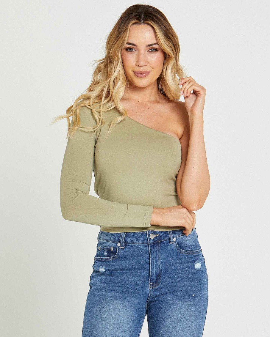 Clothing Sass Clothing | Anna One Sleeve Top Sage Green