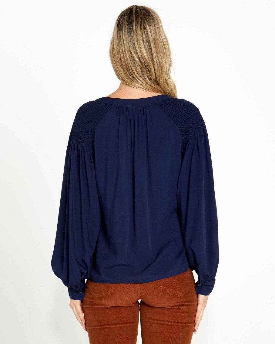 Clothing Sass Clothing | Brigitte Shirred Shoulder Top Navy