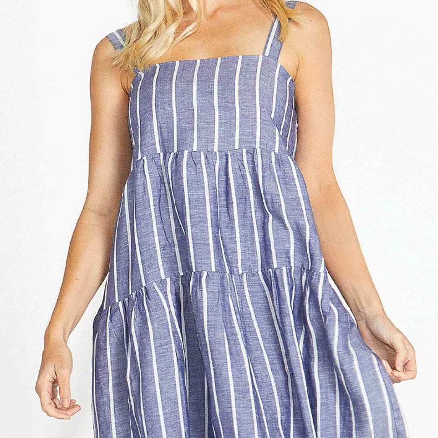 Clothing Sass Clothing | Lydia Shirred Back Paneled Tiered Linen-Blend Midi Dress Navy Stripe