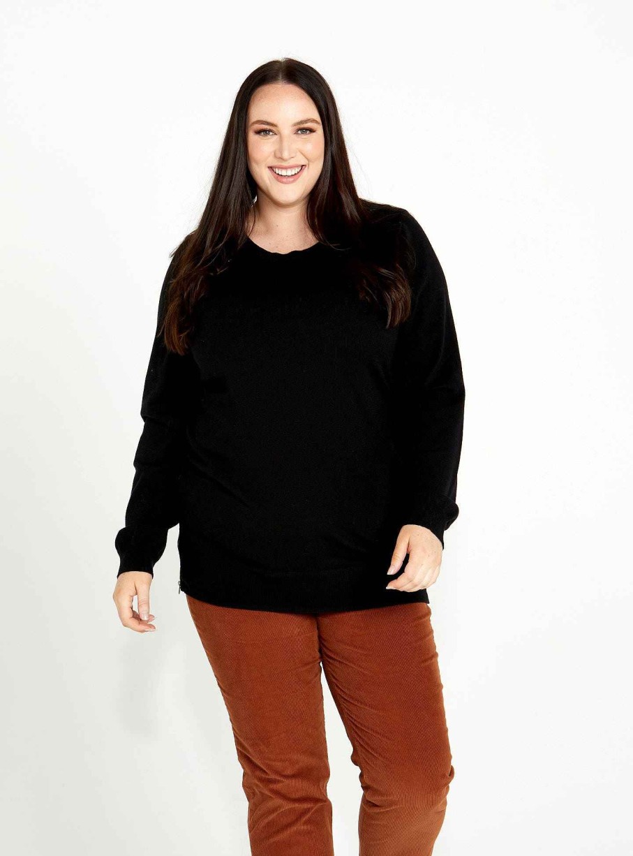 Clothing Sass Clothing | Peggy Side Zip Knit Top Black