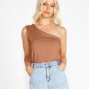 Clothing Sass Clothing | Bec Stretchy One Shoulder Basic Cotton/Elastane Top Brown Chocolate