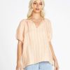 Clothing Sass Clothing | Lydia Short Sleeve Peasant Shell Linen-Blend Top Peach Stripe