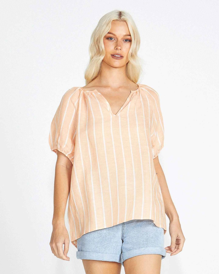 Clothing Sass Clothing | Lydia Short Sleeve Peasant Shell Linen-Blend Top Peach Stripe