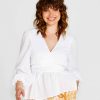 Clothing Sass Clothing | Violet Puff Sleeve Faux Wrap Cotton Top White