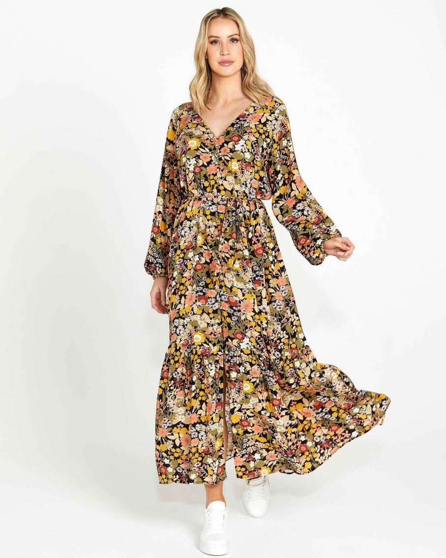 Clothing Sass Clothing | Brigitte Balloon Sleeve Maxi Dress Winter Floral