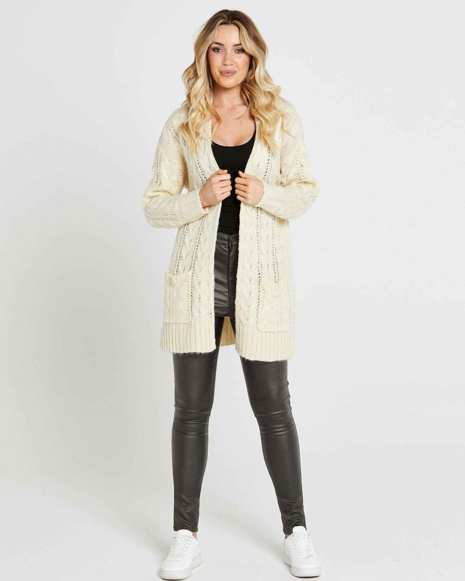 Clothing Sass Clothing | Erin Cable Knit Cardi Cream