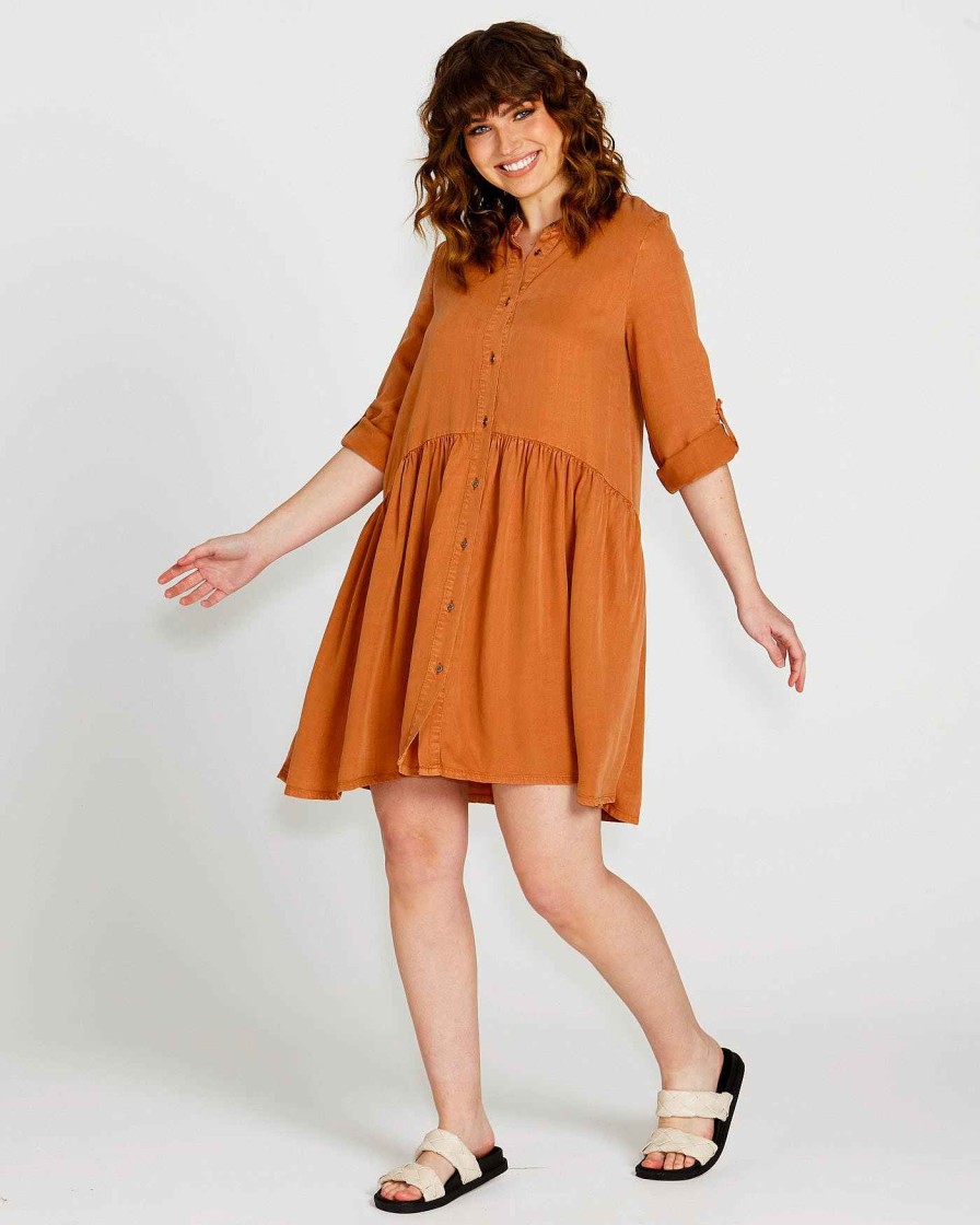 Clothing Sass Clothing | Zahlia Relaxed Tiered Lyocell Shirt Dress Sandy Tan