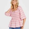 Clothing Sass Clothing | Stevie Shirred Top Pink Check