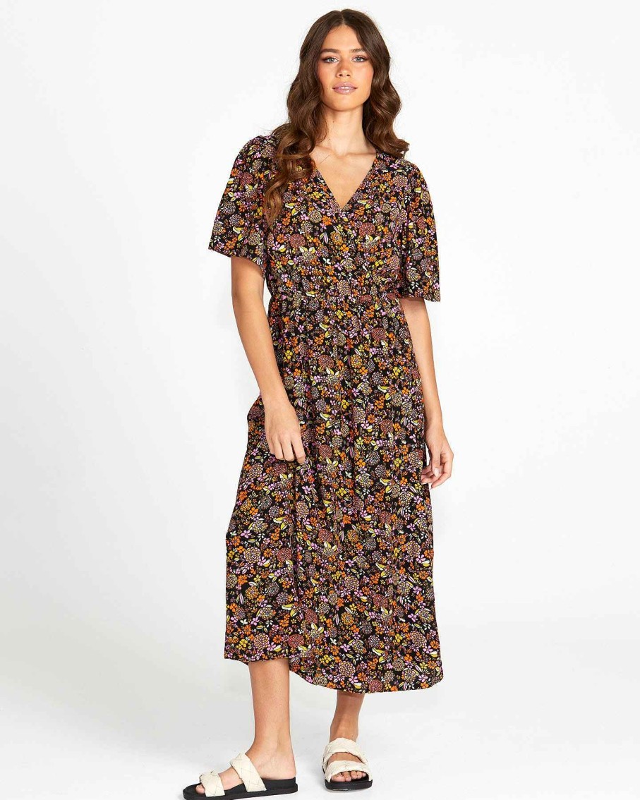 Clothing Sass Clothing | Lilith Midi Wrap Dress Black Floral