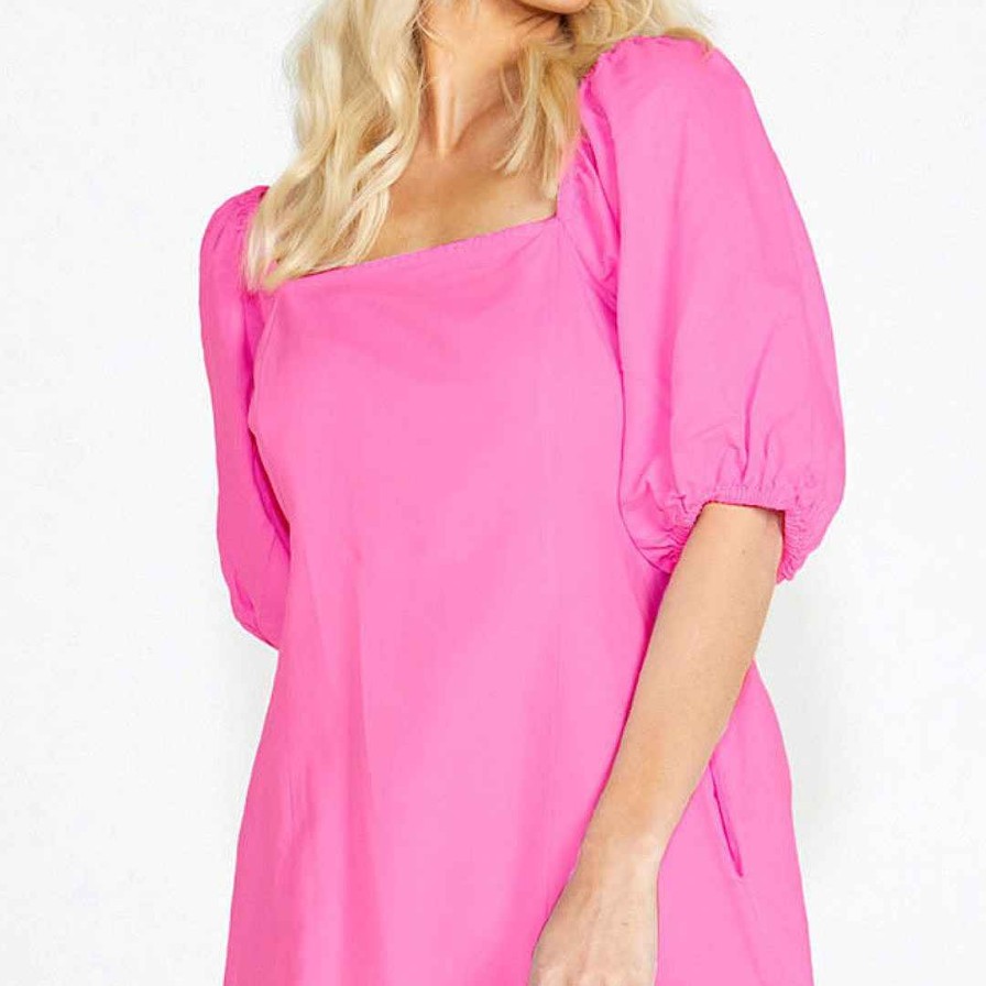 Clothing Sass Clothing | Aria Square Neck Shirred Back Balloon Sleeve Cotton/Linen Mini Dress Pink