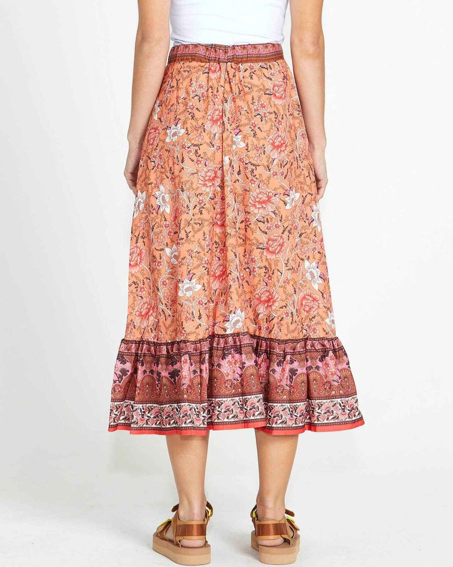 Clothing Sass Clothing | Dawn Tiered Elastic Waist Boho Midi Skirt Print In Orange/Pink Batik Paisley