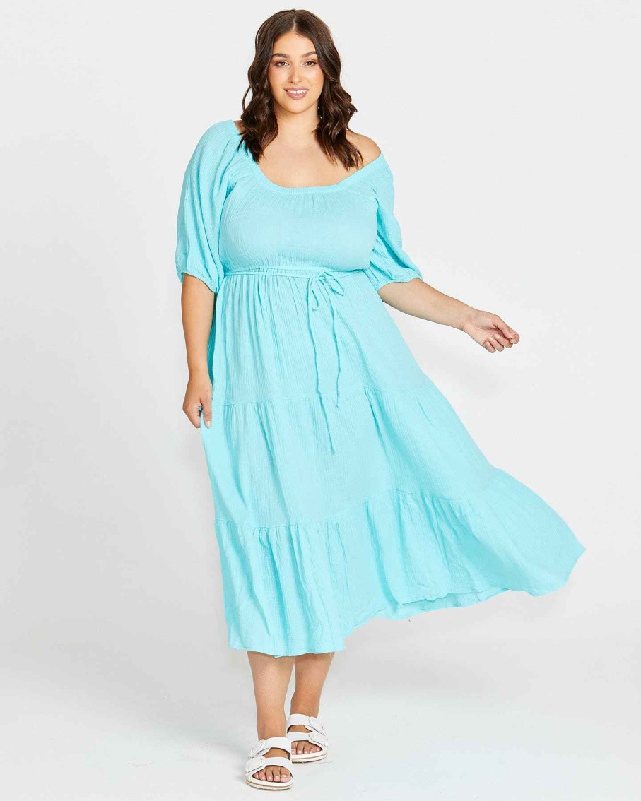 Clothing Sass Clothing | Felix Tiered Midi Dress Aqua