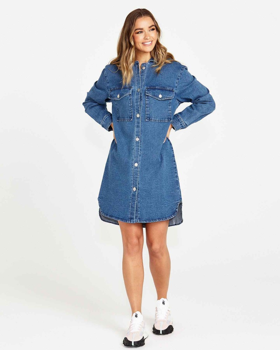 Clothing Sass Clothing | Nya Long Denim Shacket 80 Wash