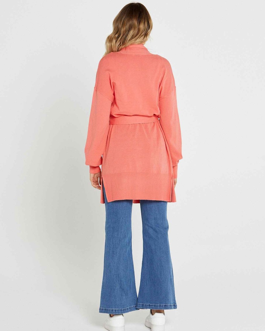 Clothing Sass Clothing | Tabatha Knit Belted Midi Cardi Coral