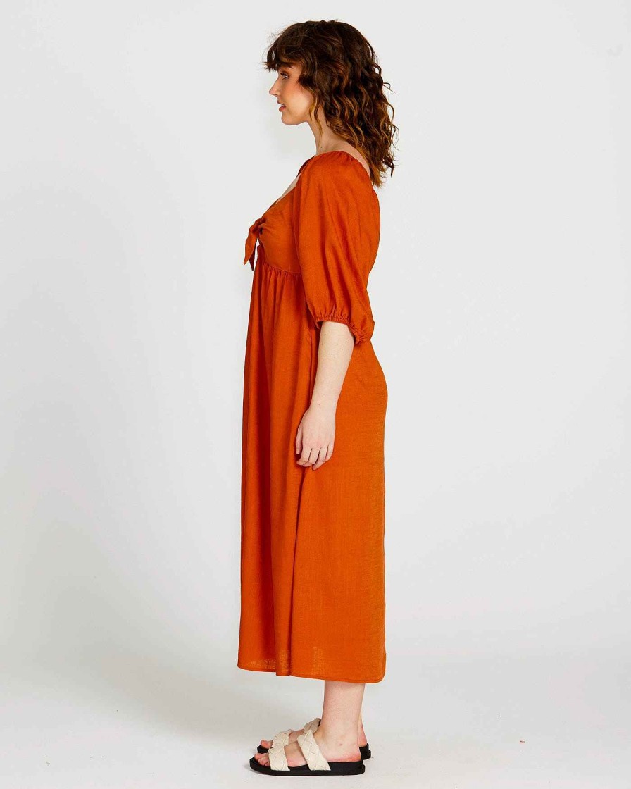 Clothing Sass Clothing | Francesca Puff Sleeve Midi Dress Rust