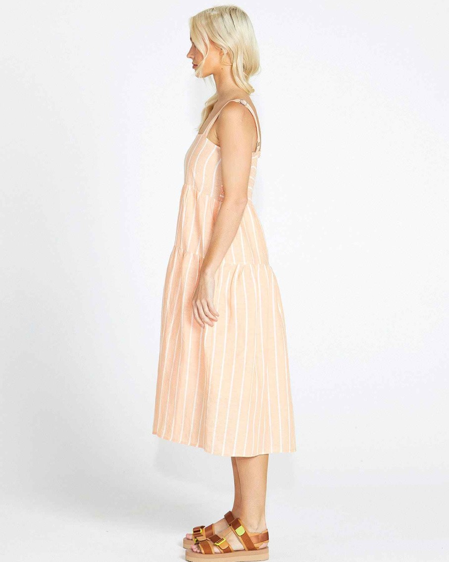 Clothing Sass Clothing | Lydia Shirred Back Paneled Tiered Linen-Blend Midi Dress Peach Stripe