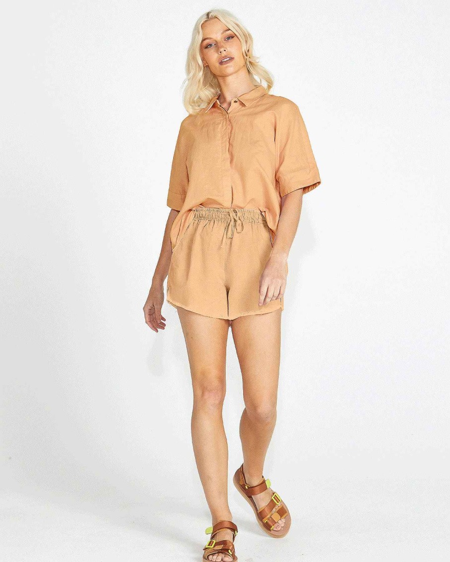 Clothing Sass Clothing | Aria Elastic Waist Drawstring Cotton/Linen Short Tan