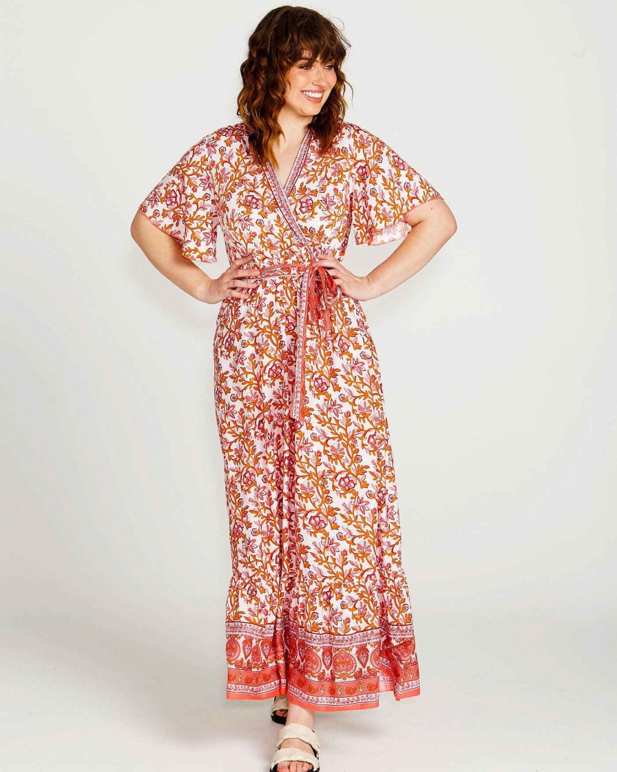 Clothing Sass Clothing | Ashley Midi Wrap Dress Pink Blossom